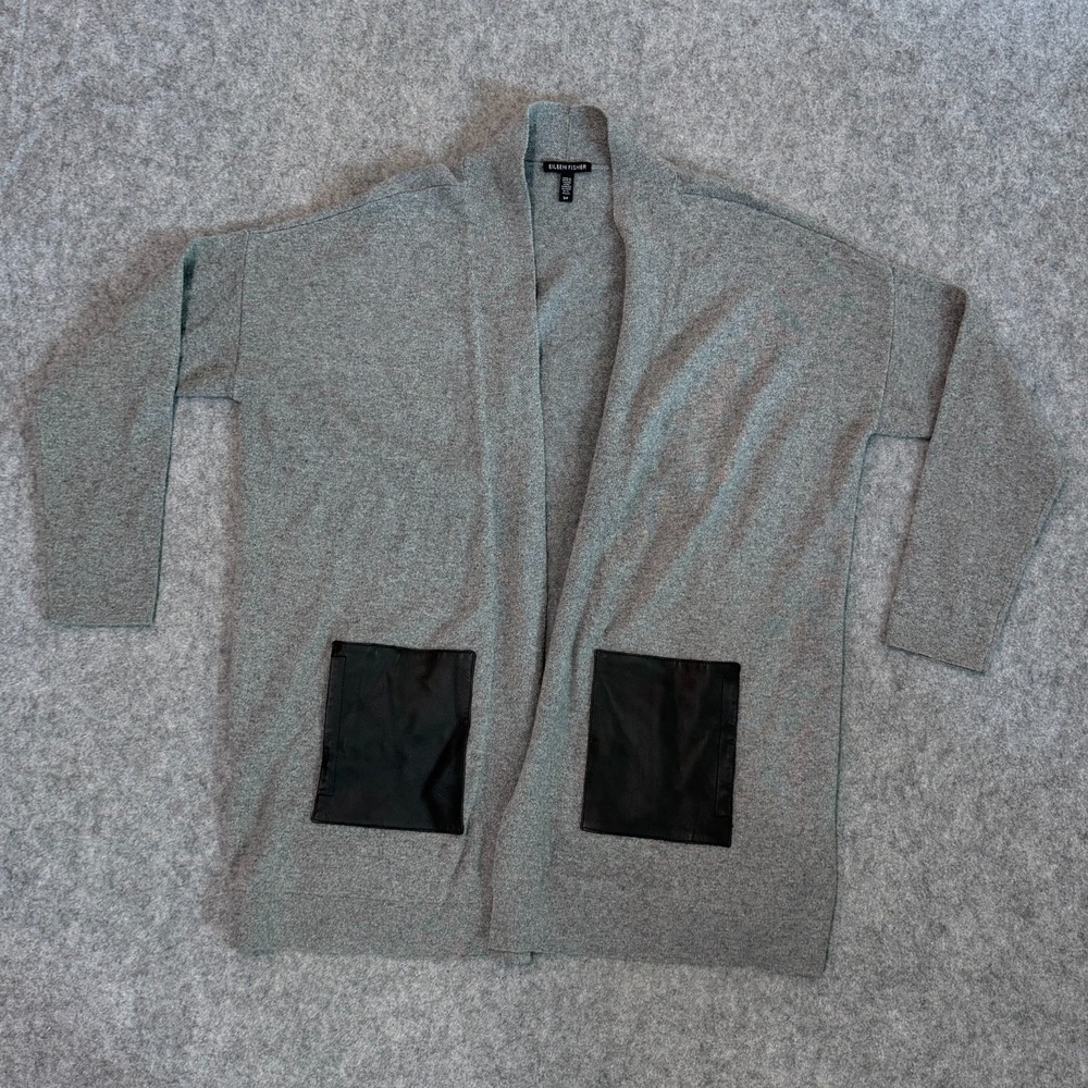 Eileen Fisher Gray Cashmere Wool Open Front Cardigan Sweater Women's Size Small